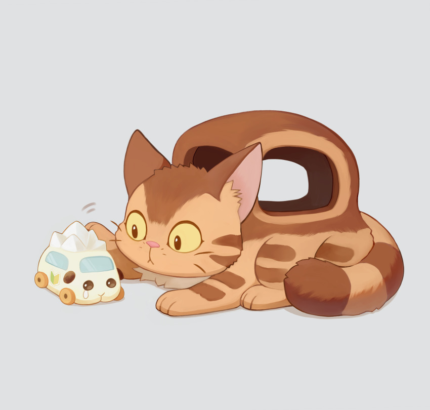 abbey_(pui_pui_molcar) animal_focus cat commentary_request crossover crying crying_with_eyes_open ekoru extra_legs grey_background guinea_pig highres looking_at_another molcar motion_lines motor_vehicle nekobus no_humans petting pui_pui_molcar shoshinsha_mark simple_background studio_ghibli tears tonari_no_totoro trait_connection