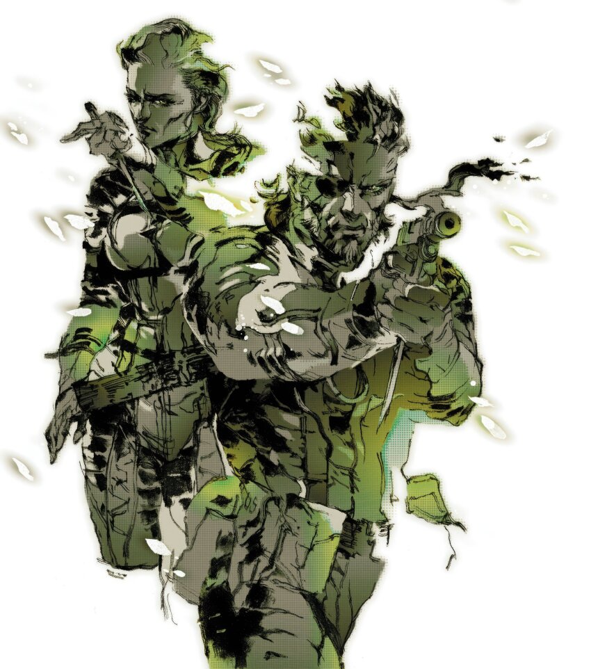 1boy 1girl absurdres aiming bandana beard big_boss bodysuit box_art eyepatch facial_hair gloves gun handgun headband highres holding holding_gun holding_knife holding_weapon knife long_hair metal_gear_(series) metal_gear_solid_3:_snake_eater naked_snake official_art promotional_art shinkawa_youji simple_background the_boss weapon white_background