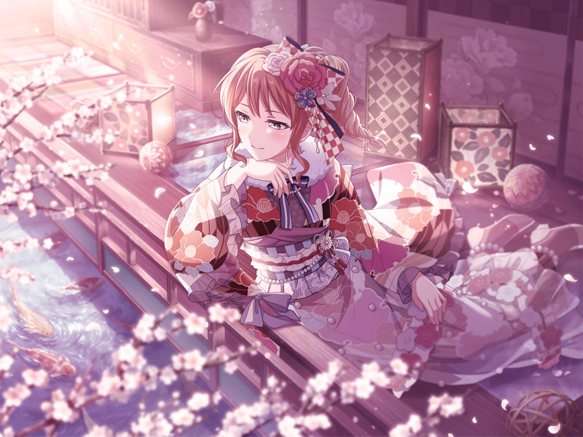 1girl against_railing ball bang_dream! blue_eyes bow brown_hair cherry_blossoms chest_of_drawers elbow_rest falling_petals floral_print floral_print_kimono flower gem glass_floor hair_bow hair_flower hair_ornament head_rest high_heels japanese_clothes kimono koi lantern layered_skirt looking_down official_art paper_lantern pearl_(gemstone) petals print_kimono railing ribbon ringlets see-through_clothes see-through_skirt sitting skirt smile stole temari_ball third-party_source water yamabuki_saya yokozuwari