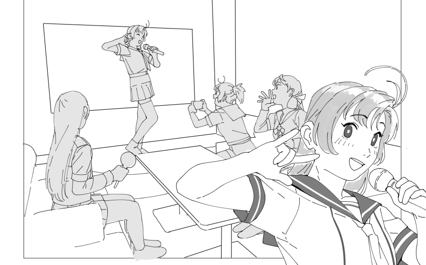 4girls \m/ antenna_hair aoba_(kancolle) greyscale highres inset irako_(kancolle) kantai_collection karaoke kinugasa_(kancolle) kinugasa_kai_ni_(kancolle) macross macross_frontier mamiya_(kancolle) medium_hair microphone monochrome multiple_girls ojipon pleated_skirt sailor_collar sailor_shirt school_uniform seikan_hikou serafuku shirt short_sleeves skirt table