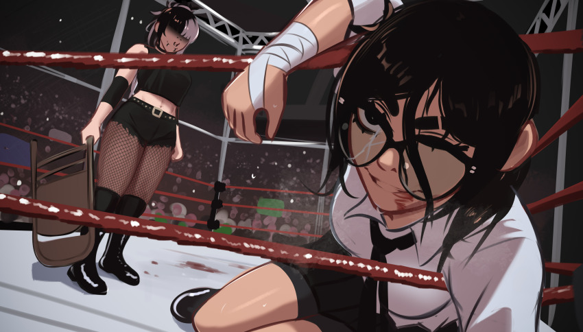 absurdres black-framed_eyewear broken_glasses chair colored_bangs e-girl glasses goth_fashion highres idontknowhowtotag mika_(veyonis) pleasetagme rosen_(veyonis) tagme thighhighs thighs veyonis wrestling wrestling_ring yuri