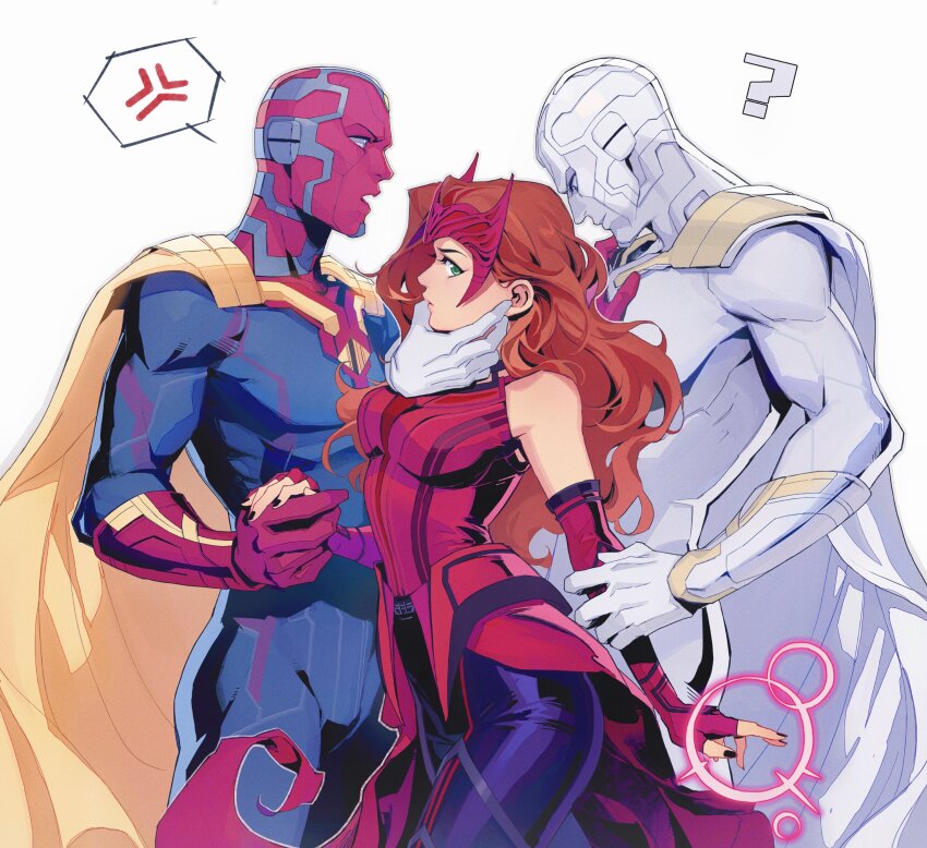 1girl 2boys ? absurdres al_(ahr) anger_vein bare_shoulders black_nails black_pants blue_bodysuit blue_eyes blue_skin bodysuit breasts brown_hair cape closed_mouth colored_skin commentary dress dual_persona english_commentary fingerless_gloves fingernails gloves grabbing_another&#039;s_arm green_eyes hand_on_another&#039;s_chin hand_up hetero highres holding holding_hands long_hair looking_at_another love_triangle magic marvel marvel_cinematic_universe mask mask_on_head medium_breasts multicolored_skin multiple_boys nail_polish open_mouth pants purple_gloves purple_mask red_dress red_gloves red_skin scarlet_witch simple_background sleeveless sleeveless_dress speech_bubble spoken_anger_vein standing vision_(marvel) wanda_maximoff wandavision wavy_hair white_background white_cape white_skin white_vision yellow_cape