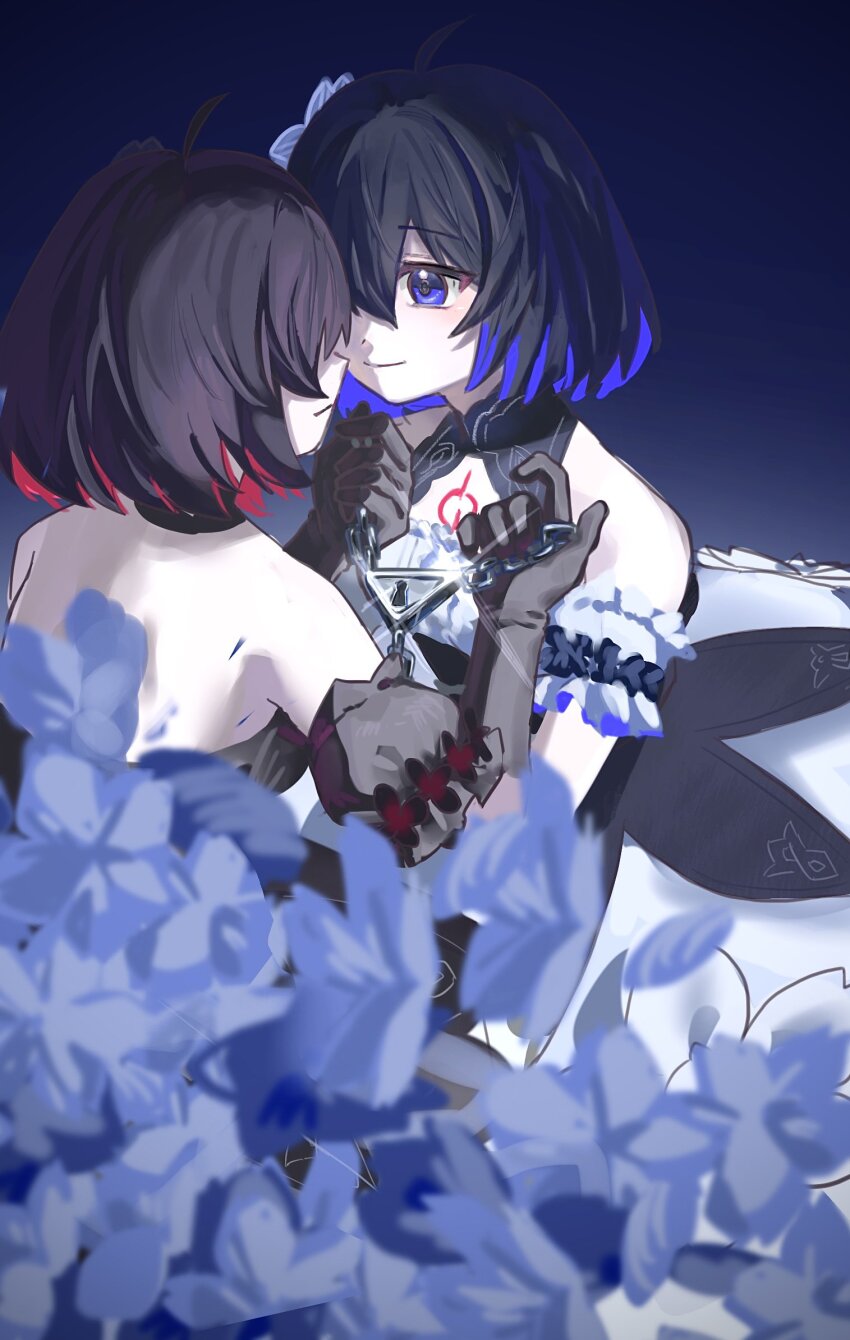 2girls ahoge black_dress black_gloves blue_eyes blue_flower blue_hair chain closed_mouth dress dual_persona duoyun_de_tiankong flower gloves hair_flower hair_ornament highres honkai_(series) honkai_impact_3rd lock looking_at_another multiple_girls red_hair seele_(alter_ego) seele_vollerei seele_vollerei_(stygian_nymph) smile tattoo white_dress white_flower