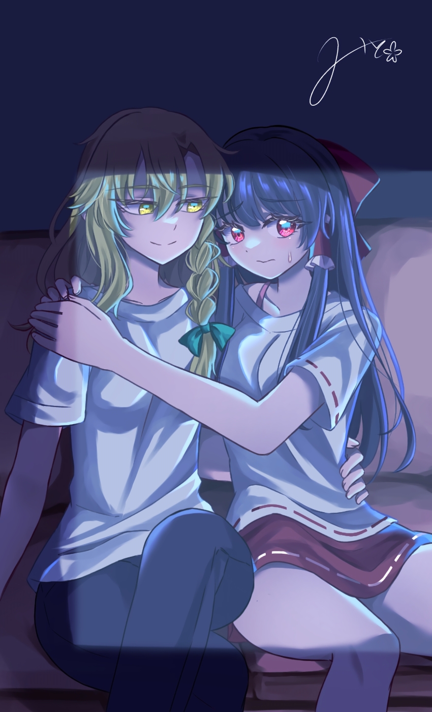 2girls alternate_costume black_pants blonde_hair bow braid closed_mouth commentary_request contemporary couch crossed_legs frilled_bow frilled_hair_tubes frills hair_bow hair_tubes hakurei_reimu highres kirisame_marisa long_hair looking_at_another mito_(fate) multiple_girls no_headwear on_couch pants red_bow red_eyes red_skirt ribbon-trimmed_shirt ribbon-trimmed_skirt ribbon-trimmed_sleeves ribbon_trim scared shirt short_sleeves side_braid signature single_braid sitting skirt smile sweatdrop touhou watching_television white_shirt yellow_eyes yuri