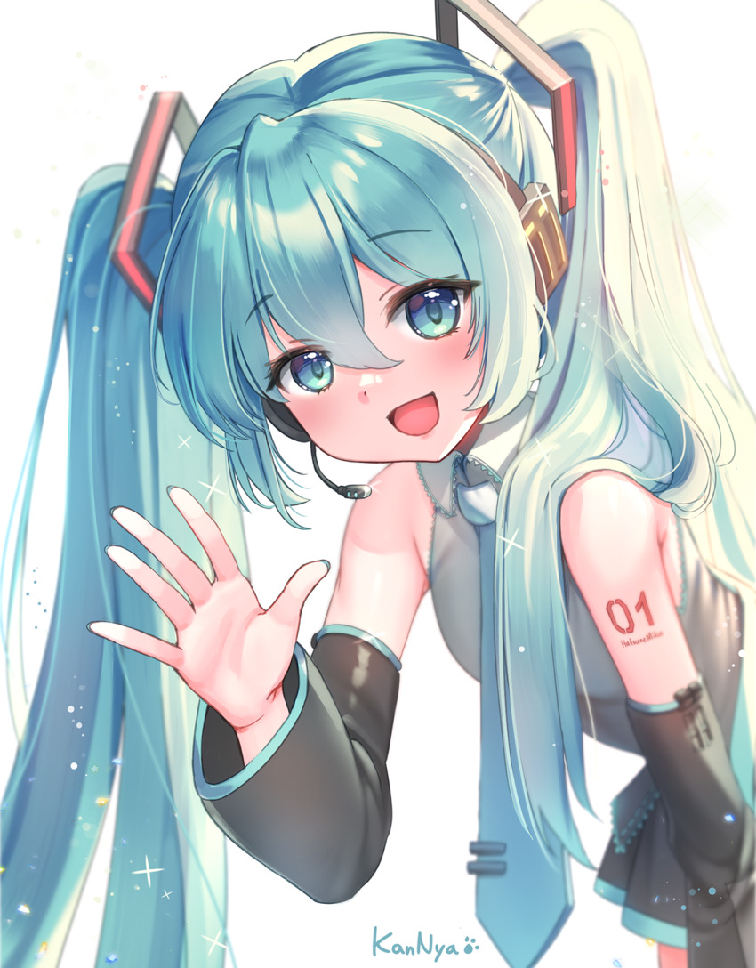 1girl aqua_eyes aqua_hair aqua_nails aqua_necktie aqua_trim arm_tattoo black_skirt blush collared_shirt detached_sleeves grey_shirt hair_between_eyes hair_ornament hatsune_miku headset highres kannya_(nzkannya) long_sleeves looking_at_viewer necktie number_tattoo open_mouth pleated_skirt shirt simple_background skirt smile solo tattoo twintails vocaloid white_background wide_sleeves