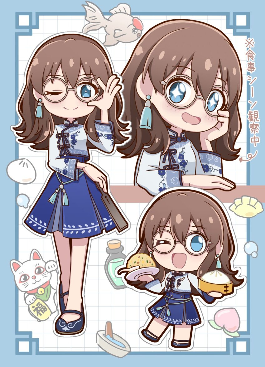 1girl adjusting_eyewear bamboo_steamer bespectacled blue_border blue_eyes blue_skirt blush border bottle breasts brown_hair chinese_clothes chinese_spoon closed_mouth deformed dumpling earrings elbow_on_table fish folded_fan folding_fan food fried_rice fruit full_body glasses goldfish grid_background hand_fan head_rest highres holding holding_fan holding_plate idolmaster idolmaster_million_live! idolmaster_million_live!_theater_days jacket jewelry jiaozi long_hair long_sleeves looking_at_viewer maharagi_375p maneki-neko medium_breasts mortar_(bowl) multiple_views official_alternate_hairstyle one_eye_closed open_mouth outline peach plate round_eyewear satake_minako shoes sidelocks sitting skirt smile standing star_(symbol) star_in_eye steamed_bun symbol_in_eye tassel tassel_earrings white_background white_jacket white_outline