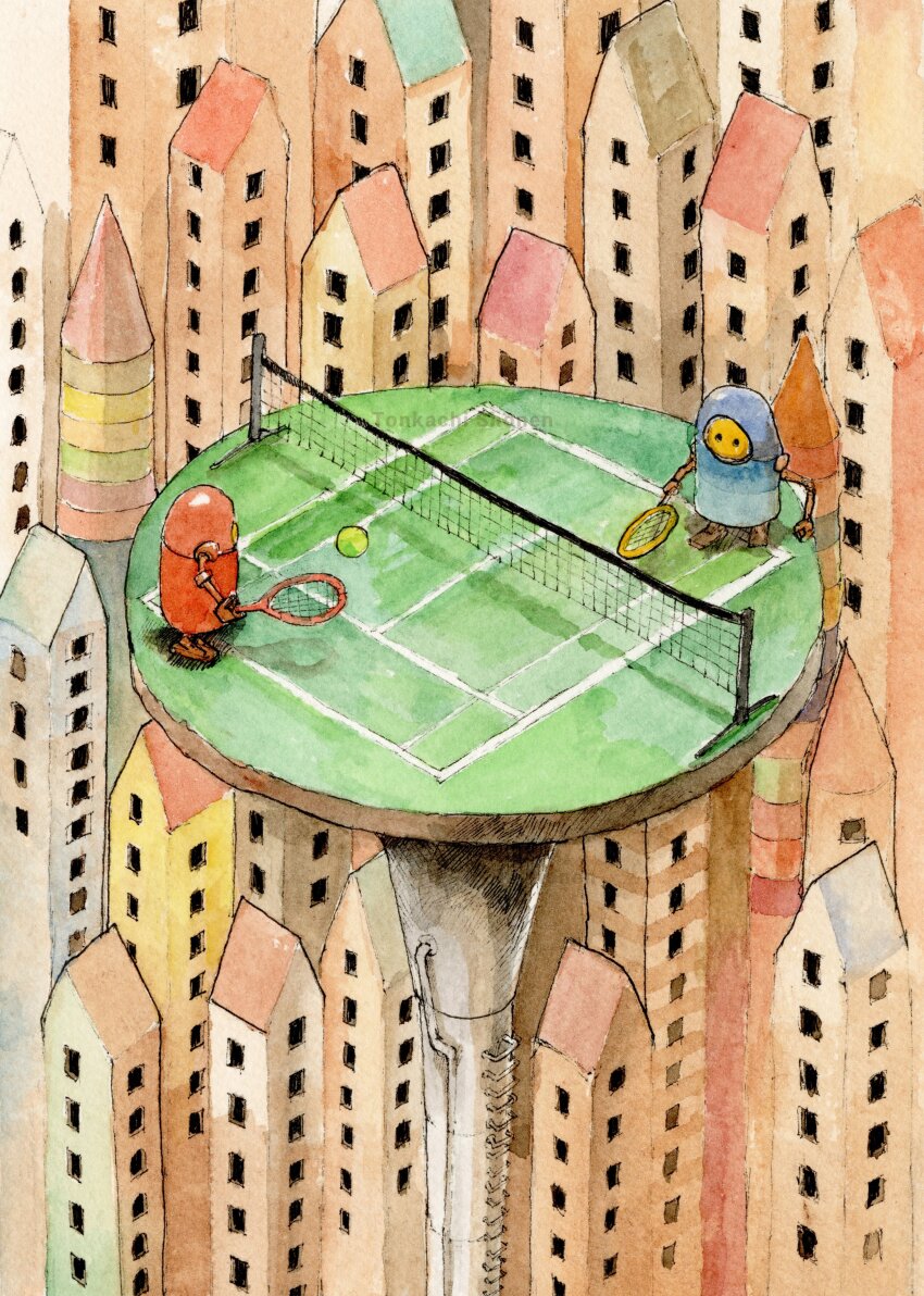 ._. absurdres ball ballpoint_pen_(medium) cityscape highres holding holding_tennis_racket ladder mechanical_arms no_humans original painting_(medium) pen_(medium) platform racket robot tagme tennis tennis_ball tennis_court tennis_racket traditional_media tsuboi_hajime watercolor_(medium)