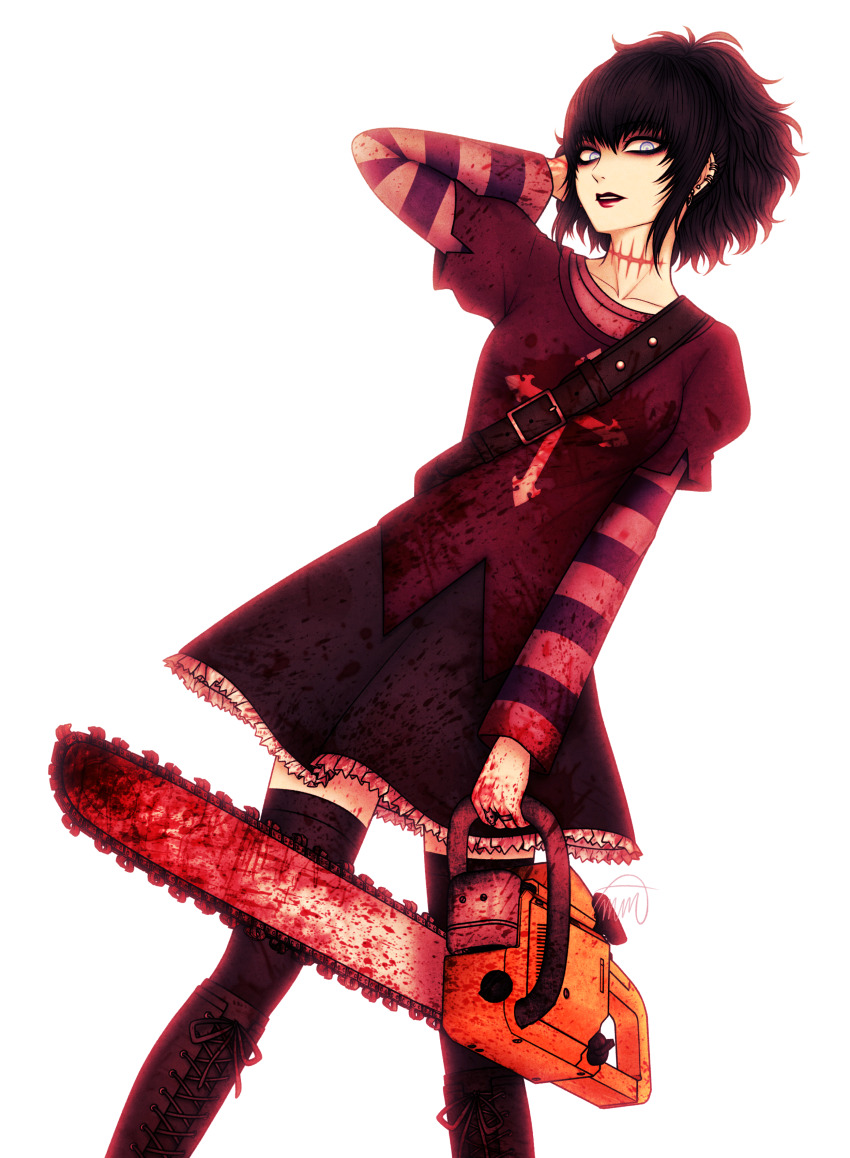 absurdres bags_under_eyes black_hair black_lagoon black_thighhighs blood blue_eyes boots breasts chainsaw collarbone ear_piercing frederica_sawyer frilled_skirt frills goth_fashion hair_up highres jewelry layered_sleeves lipstick long_sleeves looking_at_viewer makeup messy_hair pale_skin piercing ring scar scar_on_neck shirt short_over_long_sleeves short_sleeves sketchmenot skirt small_breasts striped_clothes striped_shirt thighhighs white_background