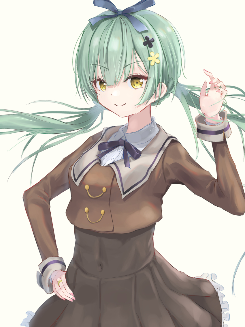 &gt;:) 1girl absurdres arm_up assault_lily black_ribbon blue_ribbon braid breasts brown_dress closed_mouth collared_shirt commentary covered_navel cowboy_shot cropped_jacket dress fingernails floating_hair flower frilled_dress frills green_hair hair_between_eyes hair_flower hair_ornament hair_ribbon hairclip hand_on_own_hip highres jewelry long_hair looking_at_viewer low_twintails medium_breasts neck_ribbon obelisk3 pleated_dress ribbon ring school_uniform shirt simple_background smile solo standing twintails ueda_imari v-shaped_eyebrows very_long_hair white_shirt yellow_background yellow_eyes