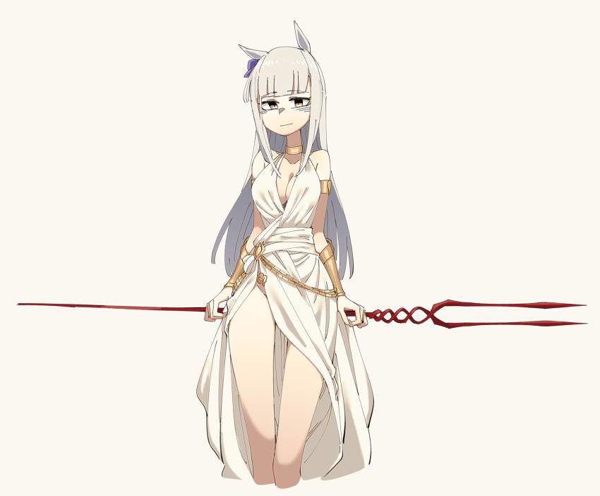 1girl alternate_eye_color ancient_greek_clothes animal_ears armlet bare_shoulders blunt_bangs bow bracer breasts choker cleavage commentary cosplay ear_bow english_commentary gold_ship_(umamusume) granblue_fantasy greco-roman_clothes helel_ben_sahar_(granblue_fantasy) helel_ben_sahar_(granblue_fantasy)_(cosplay) highres horse_ears horse_girl jewelry lance_of_longinus_(evangelion) long_hair looking_at_viewer lucio_(granblue_fantasy) neon_genesis_evangelion neonfloyd official_alternate_costume peplos purple_bow simple_background solo umamusume yellow_background