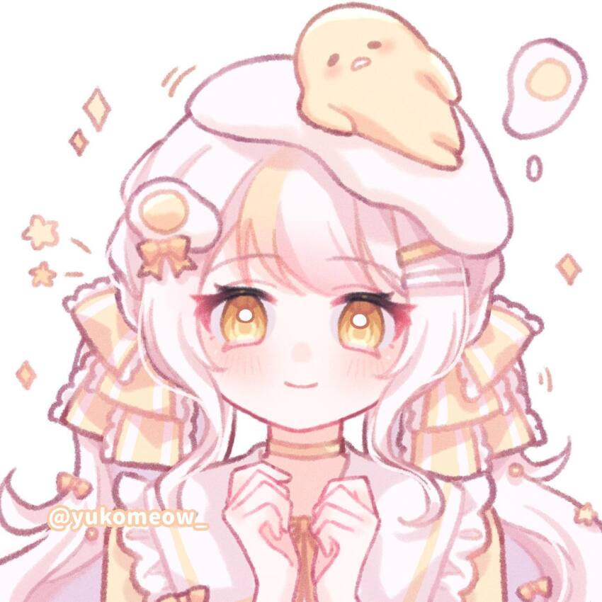 1girl black_eyes blush blush_stickers bow bowtie choker closed_mouth collared_shirt commentary creature_on_head egg_hair_ornament english_commentary eyelashes food food-themed_hair_ornament food_on_head frilled_bow frilled_sailor_collar frills frown gudetama hair_bow hair_ornament hairclip hands_on_own_chest highres long_hair looking_at_viewer low_twintails motion_lines multiple_hair_bows object_on_head open_mouth orange_bow orange_bowtie original sailor_collar sanrio shirt smile solid_circle_eyes sparkle star_(symbol) striped_bow twintails twitter_username upper_body wavy_hair white_background white_hair white_sailor_collar yellow_bow yellow_choker yellow_eyes yellow_shirt yukomeow