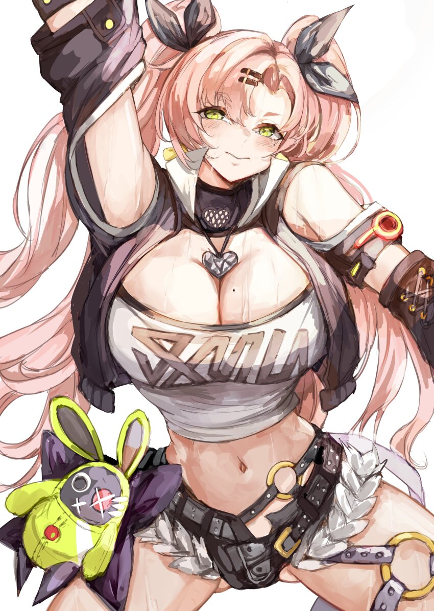 1girl absurdres arm_up bare_shoulders black_shorts breasts clothing_cutout cutoffs green_eyes hair_ornament hairclip highres large_breasts long_hair micro_shorts midriff navel nicole_demara nui_gurumi shorts shoulder_cutout simple_background solo stomach strapless thighs tube_top two_side_up very_long_hair white_background zenless_zone_zero