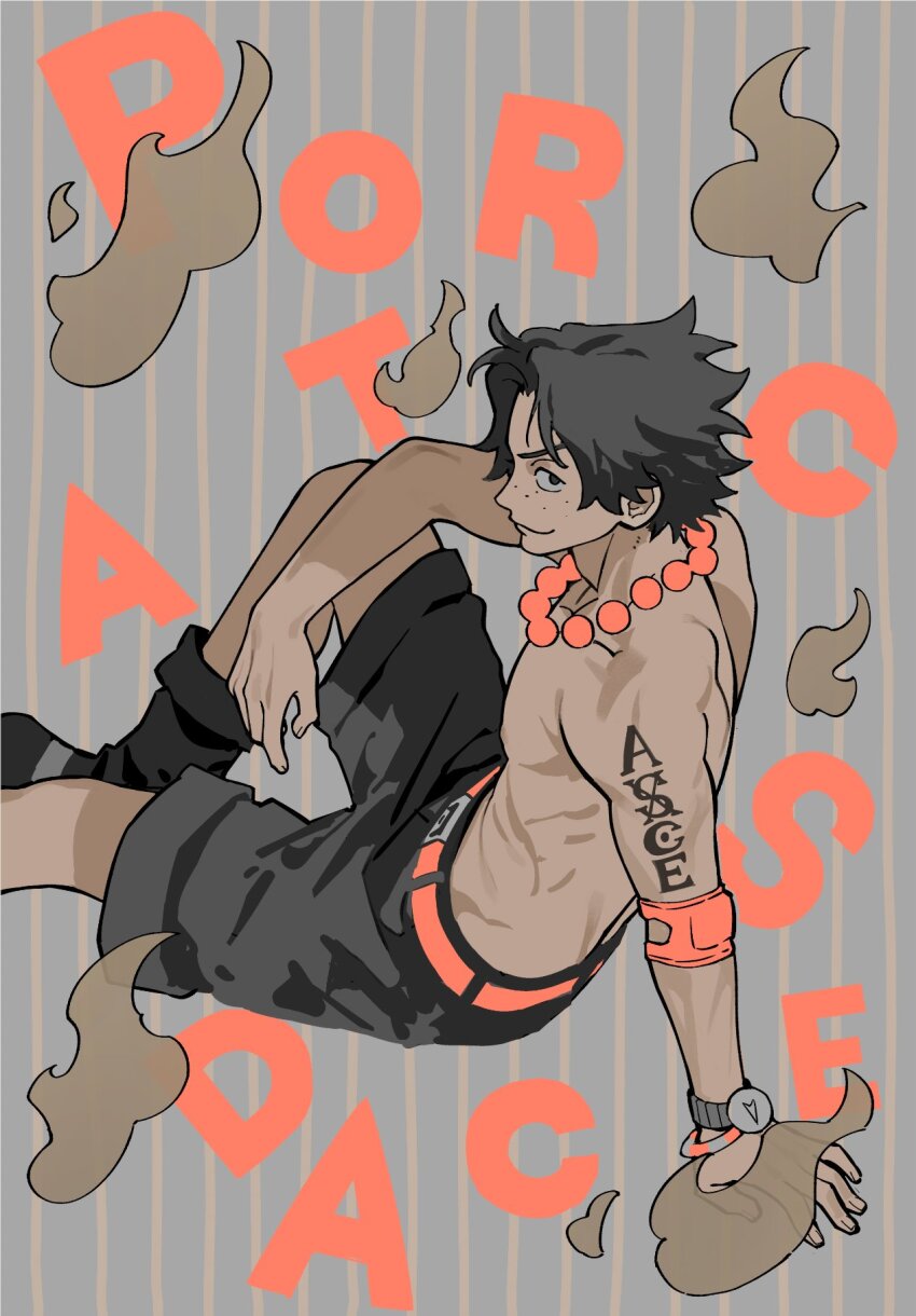 1boy arm_tattoo bead_necklace beads belt black_boots black_eyes black_hair black_shorts boots character_name closed_mouth commentary freckles grey_background highres jewelry male_focus necklace nyan_2020 one_piece portgas_d._ace red_belt short_hair shorts sitting smile solo striped_background symbol-only_commentary tattoo topless_male
