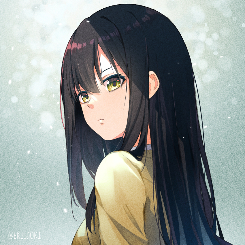 1girl black_hair blazer closed_mouth eki_doki from_side grey_background hair_between_eyes highres jacket long_hair mieruko-chan portrait solo straight_hair twitter_username upper_body yellow_eyes yellow_jacket yotsuya_miko