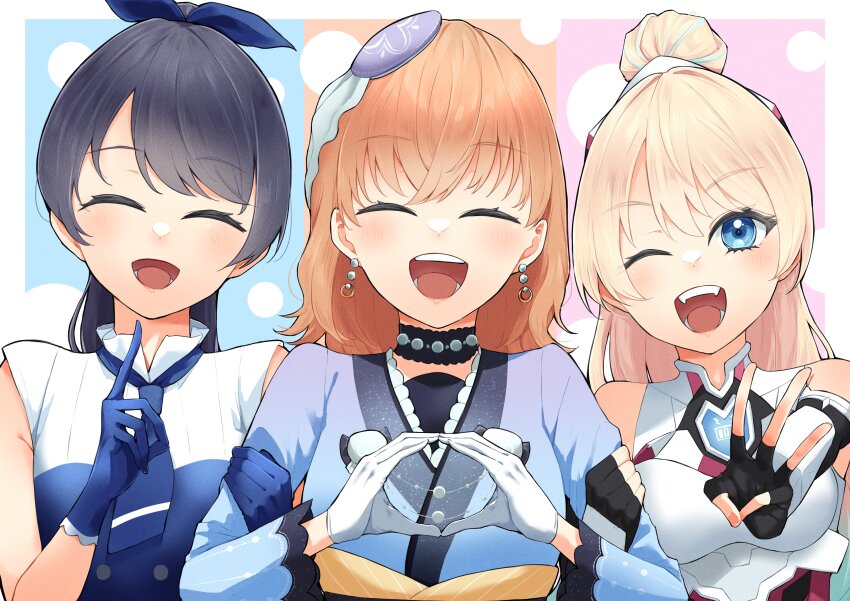 3girls :d ;d ^_^ absurdres bare_shoulders black_gloves blonde_hair blue_background blue_dress blue_eyes blue_gloves blue_hair blue_kimono blue_necktie blush border breasts circle_hands closed_eyes commentary_request crossed_bangs dress earrings elbow_gloves facing_viewer fanfare!!!_(love_live!) fangs fingerless_gloves gloves grabbing_another&#039;s_arm hair_bun heart highres hinoshita_kaho index_finger_raised japanese_clothes jewelry kimono link!_like!_love_live! locked_arms long_hair long_sleeves looking_at_viewer love_live! medium_breasts medium_hair mendo_(mend0o0_) middle_w multicolored_hair multiple_girls murano_sayaka necktie official_alternate_costume official_alternate_hairstyle one_eye_closed open_mouth orange_background orange_hair osawa_rurino outside_border pink_background ponytail proof_(love_live!) single_hair_bun sleeveless sleeveless_dress smile streaked_hair teeth tsukuyomi_kurage upper_body virtual_youtuber w white_border white_gloves