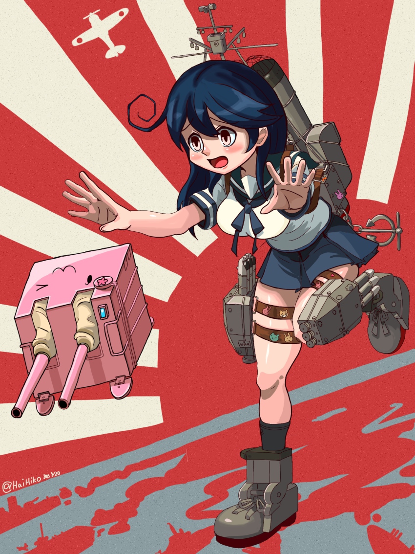 10s 1girl ahoge alex_ahad_(style) hai_to_hickory highres kantai_collection machinery rising_sun_flag school_uniform serafuku ship_turret sunburst twitter_username ushio_(kancolle)