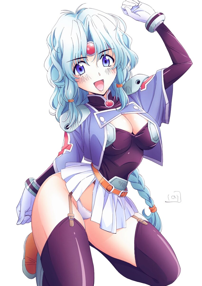 1girl blue_eyes blue_hair breasts circlet cleavage full_body garter_straps gloves haou_taikei_ryuu_knight highres large_breasts long_hair looking_at_viewer nori_(norimakigumo) open_mouth paffy_pafuricia panties simple_background smile solo thighhighs twintails underwear white_background white_panties