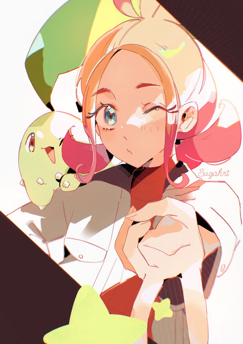 1girl absurdres blonde_hair blue_eyes chikorita forehead gen_2_pokemon gradient_hair highres jacket looking_at_viewer multicolored_hair nintendo one_eye_closed pink_hair pokemon pokemon_(creature) pokemon_legends:_z-a puckered_lips star_(symbol) sugahri taunie_(pokemon) upper_body