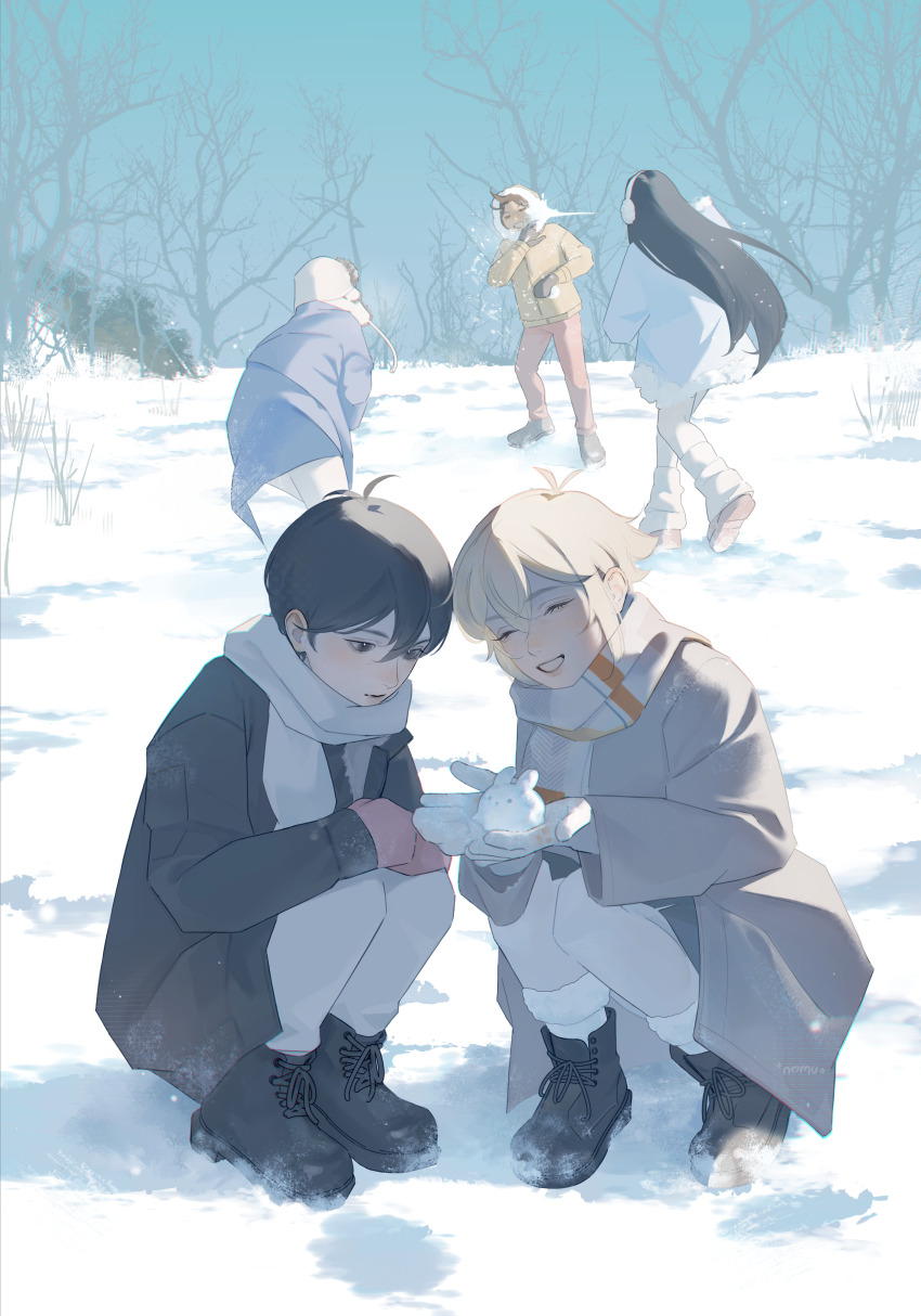 1girl 4boys absurdres aubrey_(faraway)_(omori) aubrey_(omori) basil_(faraway)_(omori) basil_(omori) black_boots black_eyes black_hair blonde_hair blue_coat boots brown_coat brown_hair closed_eyes coat dark-skinned_male dark_skin day earmuffs grin hero_(faraway)_(omori) hero_(omori) highres holding holding_snowball hood hood_up kel_(faraway)_(omori) kel_(omori) long_hair long_sleeves multiple_boys nomurai omori open_mouth outdoors parted_lips scarf short_hair smile snow snow_rabbit snowball snowball_fight squatting sunny_(omori) teeth tree white_coat white_scarf
