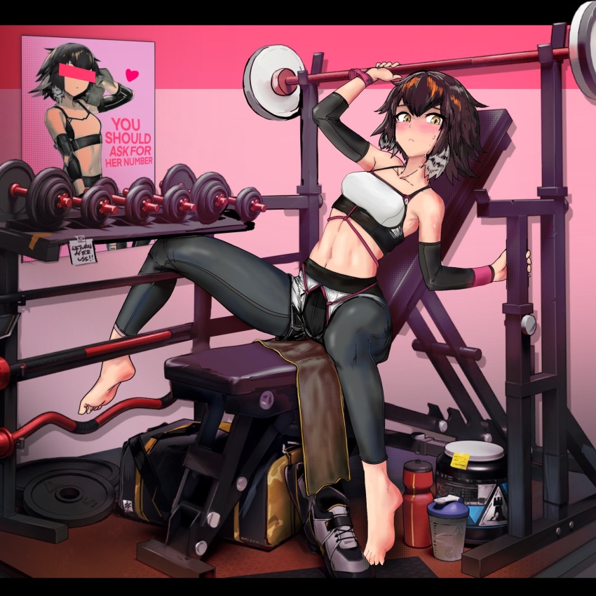 1girl arknights barbell bare_shoulders barefoot bench_press bird_girl black_leggings blush bound breasts brown_hair commentary_request compression_sleeve crop_top cup dumbbell english_text feather_hair hair_between_eyes highres jar leggings leggings_under_shorts midriff multicolored_hair navel official_alternate_costume plume_(arknights) plume_(easy_time)_(arknights) shibari shibari_over_clothes shoes short_hair small_breasts solo sports_bra unworn_shoes white_hair white_sports_bra yellow_eyes zarathuta