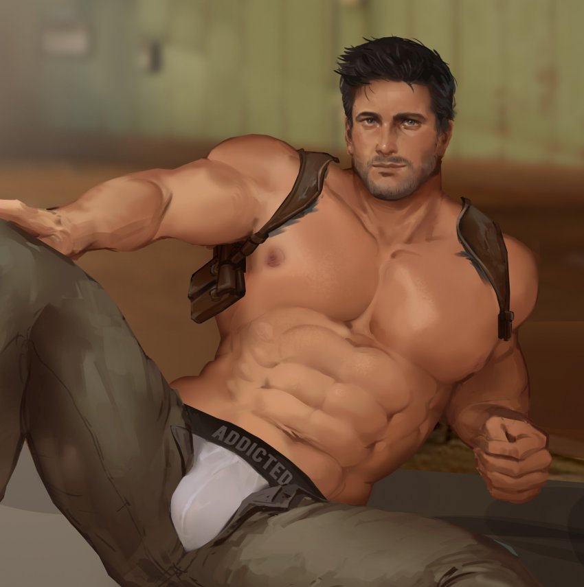 1boy abs appas bara beard black_hair blurry blurry_background brown_pants bulge facial_hair highres large_pectorals looking_at_viewer male_focus male_underwear male_underwear_peek muscular muscular_male nathan_drake navel nipples open_fly open_pants pants pectoral_cleavage pectorals short_hair sitting solo topless_male uncharted uncharted:_the_lost_legacy uncharted_2 uncharted_3 uncharted_4 underwear white_male_underwear
