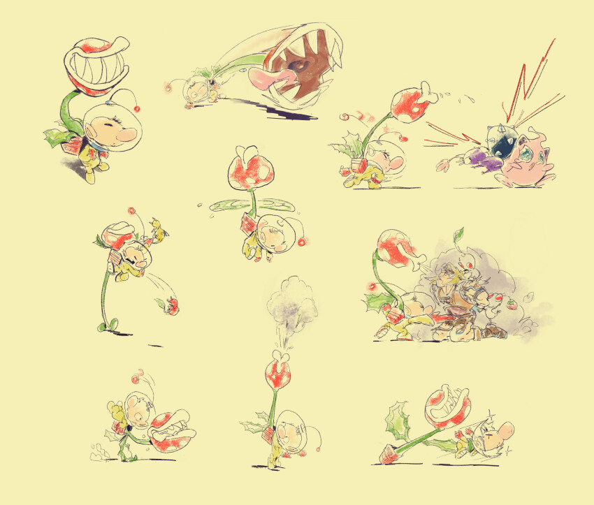 2boys absurdres backpack bad_tag bag banjo-kazooie big_nose black_eyes blonde_hair brown_hair brown_tunic castlevania_(series) closed_eyes colored_skin fangs fighting flower flying gen_1_pokemon gloves helmet highres jason_lupas jigglypuff leaf lying mario_(series) motion_blur motion_lines multiple_boys multiple_views muscular nintendo no_mouth olimar on_side parody pikmin_(creature) pikmin_(series) pink_flower piranha_plant pointy_ears pokemon pokemon_(creature) punching purple_pikmin purple_skin radio_antenna red_bag red_gloves red_pikmin red_skin restrained shadow short_hair simon_belmont simple_background smoke space_helmet spacesuit spiked_ball spitting super_smash_bros. throwing tunic unusually_open_eyes very_short_hair white_pikmin wide-eyed yellow_background yellow_pikmin yellow_skin