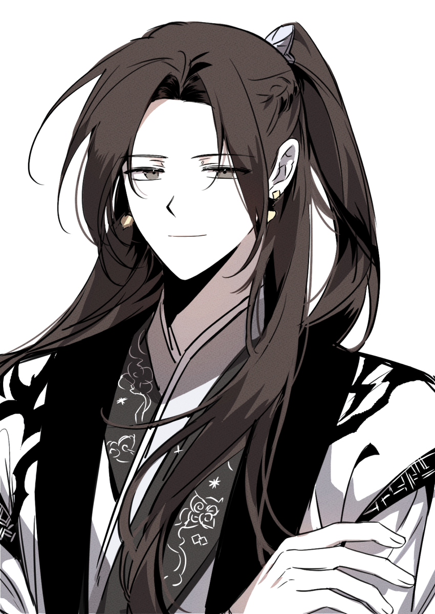 1boy baek_eon brown_eyes brown_hair chel_(ttt_lc) chinese_clothes crossed_arms earrings gold_earrings half_updo hanbok hanfu high_ponytail highres jewelry jinhongi korean_clothes korean_commentary long_hair looking_at_viewer male_focus patterned_clothing ponytail smile solo white_background white_hanbok zhijupao