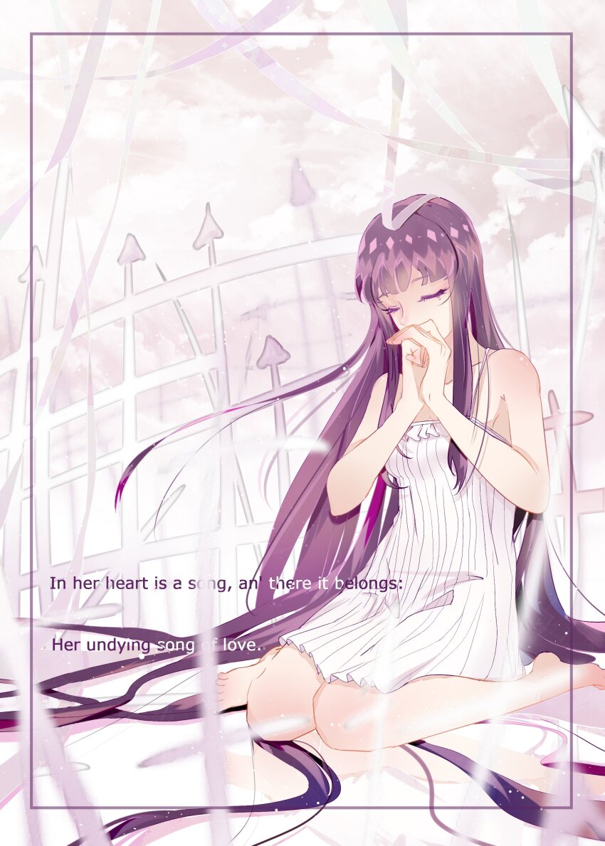 1girl absurdly_long_hair absurdres barefoot classicaloid closed_eyes cloud dress english_text fence full_body hair_spread_out highres kneeling long_hair outdoors purple_hair solo tekla_badarzewska-baranowska_(classicaloid) very_long_hair white_dress yutsuki_(enmo)