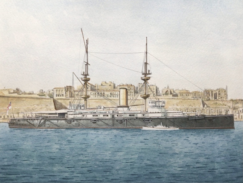 atelier_bono battleship cannon highres hms_caesar_(1896) military_vehicle no_humans ocean original painting_(medium) port royal_navy ship ship_turret sky smokestack traditional_media vehicle_focus warship watercolor_(medium) watercraft