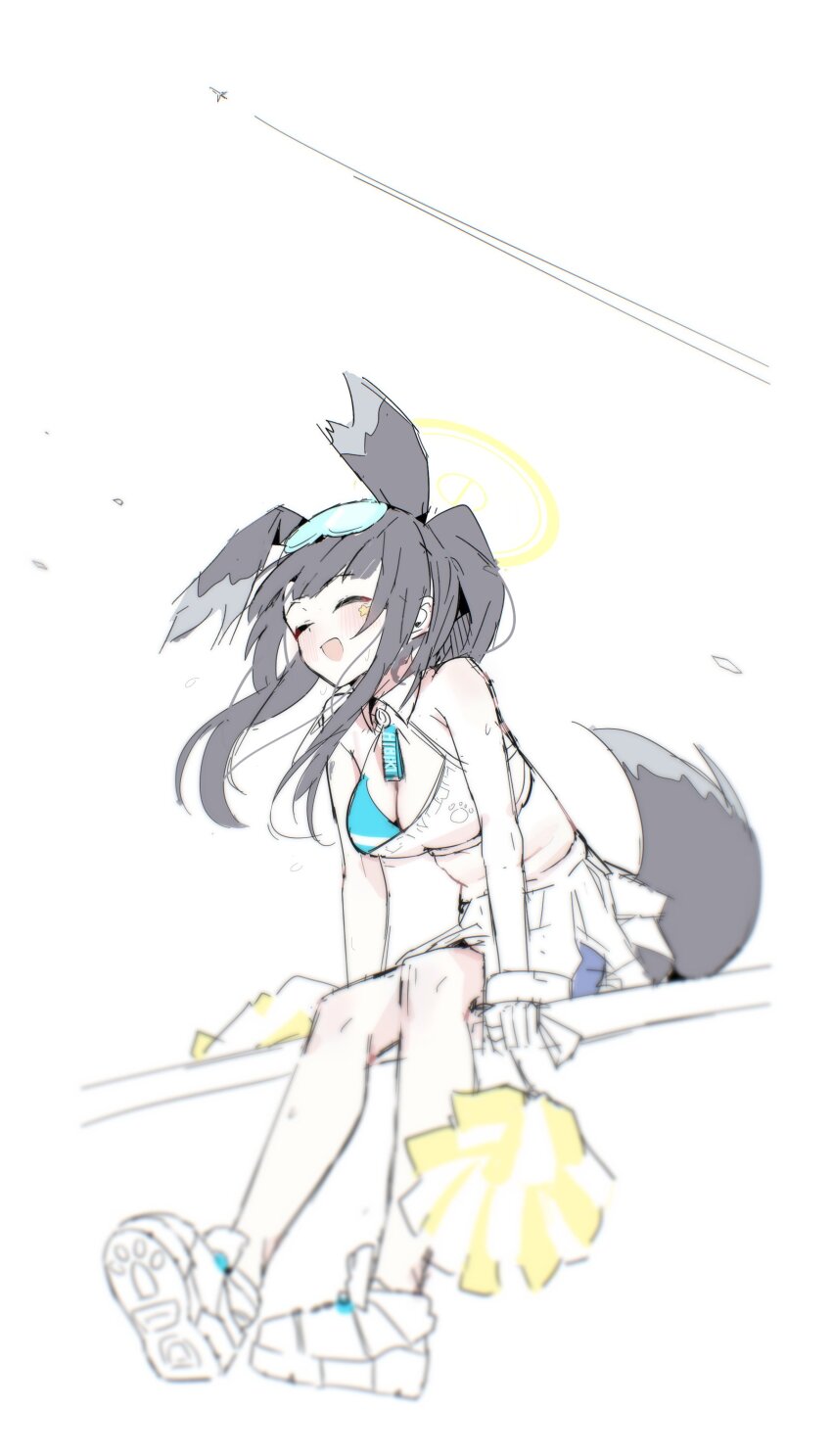 1girl :d ^_^ absurdres animal_ears black_hair blue_archive blush breasts character_name cheerleader cleavage closed_eyes commentary detached_collar dog_ears dog_girl dog_tail extra_ears floating_hair full_body goggles goggles_on_head halo happy hibiki_(blue_archive) hibiki_(cheer_squad)_(blue_archive) highres large_breasts leaning_forward long_hair millennium_cheerleader_outfit_(blue_archive) miniskirt official_alternate_costume open_mouth patanda pom_pom_(cheerleading) ponytail shoes simple_background sitting sketch skirt smile solo star_sticker sticker_on_face sweat tail tail_raised white_background white_shoes white_skirt yellow_halo