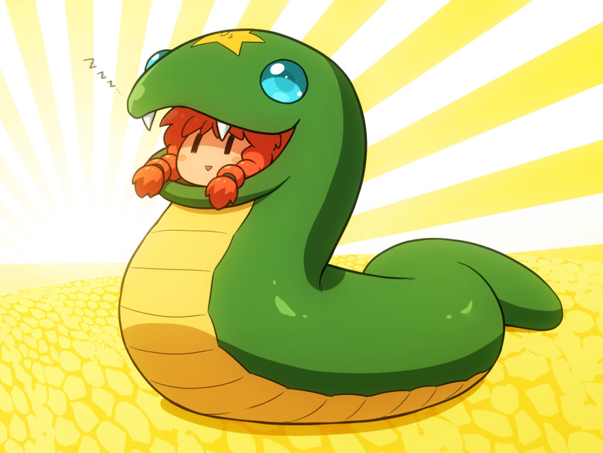 1girl animal_costume braid chinese_zodiac commentary hong_meiling long_hair open_mouth orange_hair shirosato smile snake_costume solo sunburst symbol-only_commentary touhou triangle_mouth twin_braids year_of_the_snake yellow_background zzz |_|