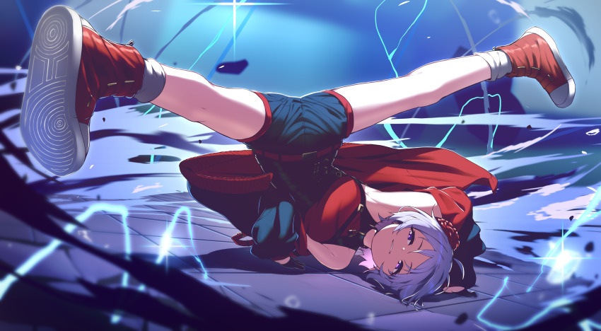 1girl absurdres bare_shoulders belt borrowed_character breakdance commission electricity half-closed_eyes highres hoplitx jacket off_shoulder original pixiv_commission purple_eyes purple_hair red_belt red_jacket red_shoes shoes short_shorts shorts sneakers solo spread_legs thighs