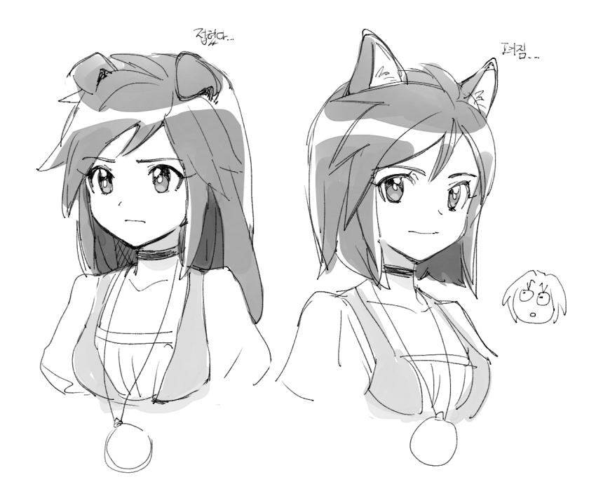 1girl animal_ears black_choker breasts chibi chibi_inset choker closed_mouth dede_(qwea_00000) dog_ears dog_girl final_fantasy final_fantasy_ix folded_ear frown garnet_til_alexandros_xvii jewelry juliet_sleeves kemonomimi_mode korean_text long_hair long_sleeves medium_breasts pendant portrait puffy_sleeves short_hair sketch zidane_tribal