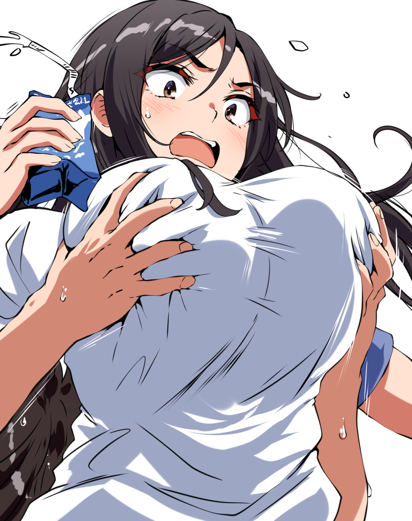 1girl belko black_hair breasts fukiyose_seiri grabbing_another&#039;s_breast groping highres large_breasts simple_background straw toaru_majutsu_no_index