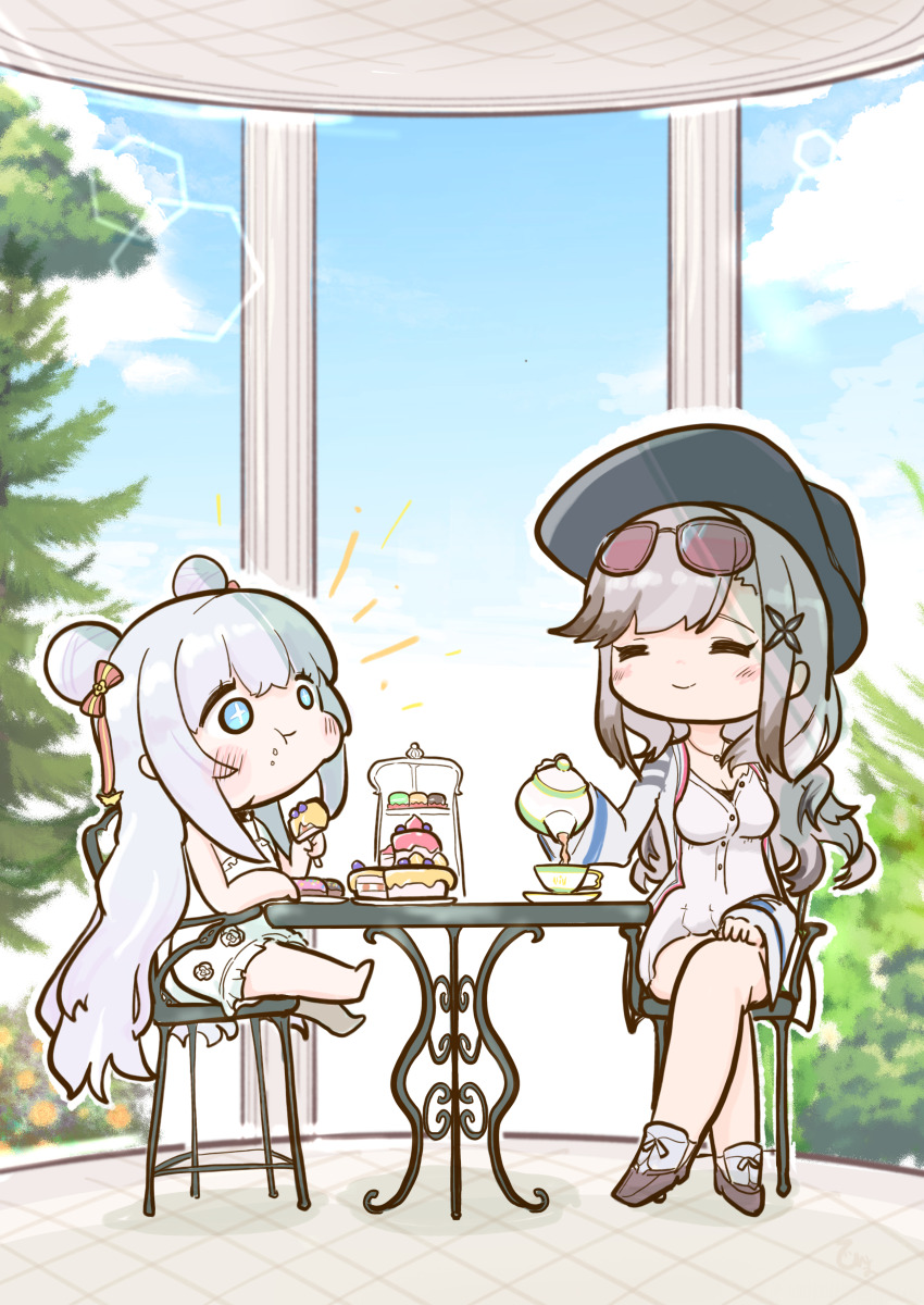 +++ +_+ 2girls absurdres azur_lane bare_legs barefoot blue_eyes blush cake chair chewing chibi closed_mouth commentary_request crossed_legs cup day double_bun donut dress dunkerque_(afternoon_venus)_(azur_lane) dunkerque_(azur_lane) eating food food_on_face grey_hair hair_bun hair_ribbon highres himajin_(fd_jin) jacket le_malin_(azur_lane) le_malin_(sleepy_sunday)_(azur_lane) long_hair looking_at_another macaron multiple_girls official_alternate_costume open_clothes open_jacket outdoors pavilion pouring ribbon saucer sitting smile sundress sunlight sweets table tea tea_party teacup teapot very_long_hair white_dress white_hair white_jacket
