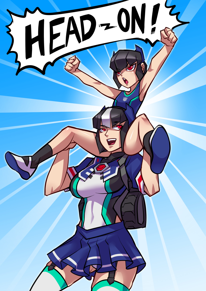 2girls absurdres autobot backpack bag black_hair breasts carrying clenched_hands covered_navel dual_persona english_text fortress_maximus garter_straps genderswap genderswap_(mtf) hairband highres large_breasts miniskirt multicolored_hair multiple_girls open_mouth personification ryuusei_(mark_ii) shoes shoulder_carry sidelocks skirt smile socks striped_legwear swimsuit thighhighs transformers two-tone_hair white_hair