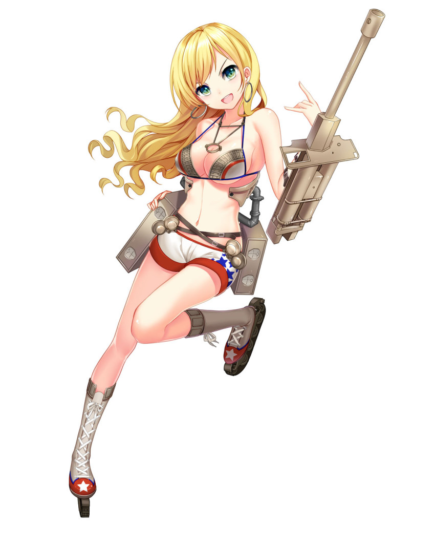 &gt;:d 1girl :d armor assault_gun bikini_armor bison_cangshu blonde_hair breasts cannon caterpillar_tracks cleavage earrings female_focus full_body green_eyes highres hoop_earrings inline_skates jewelry long_hair looking_at_viewer m56_scorpion_(panzer_waltz) mecha_musume medium_breasts navel official_art open_mouth panzer_waltz roller_skates short_shorts shorts simple_background skates smile solo strap_gap tachi-e v-shaped_eyebrows white_background