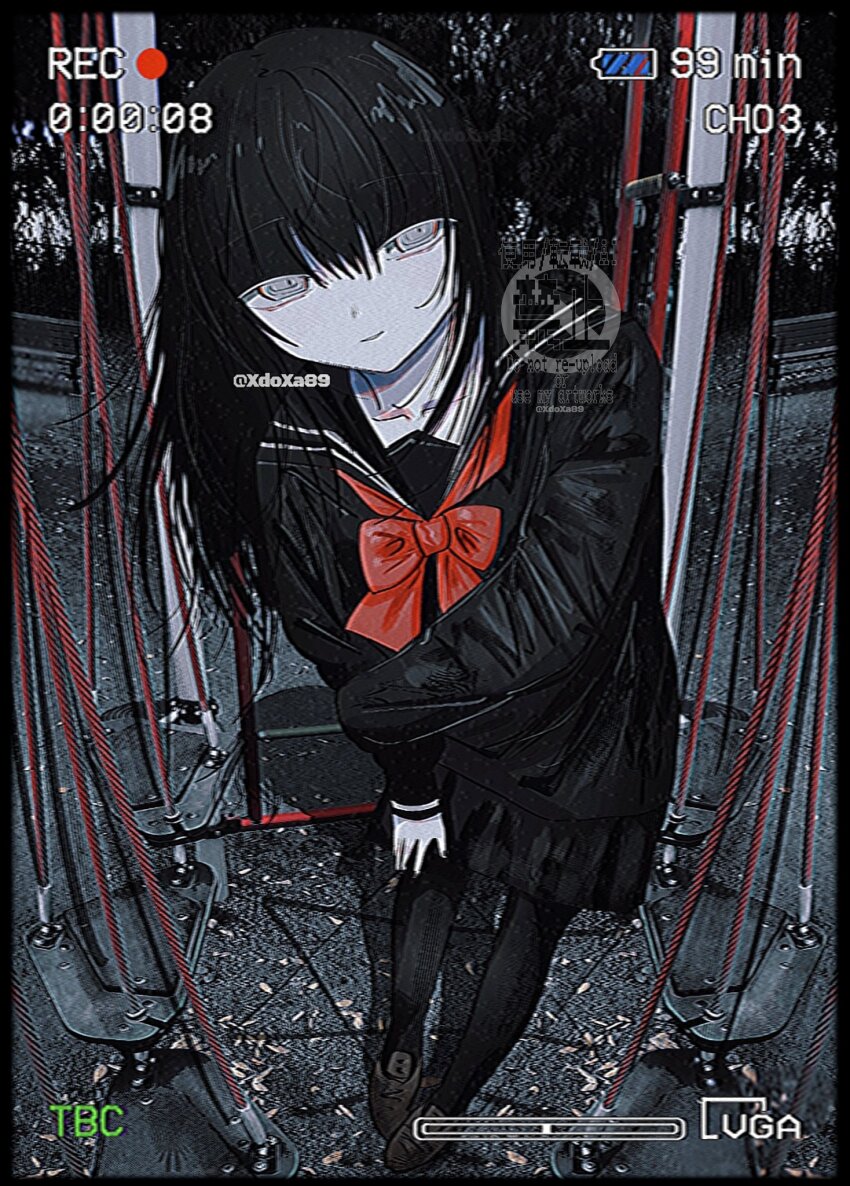 1girl black_hair black_nails black_pantyhose black_sailor_collar black_shirt black_skirt blunt_bangs bow bowtie collarbone copyright_request fisheye grey_eyes hand_on_own_leg hexagram highres leaning_forward long_hair long_sleeves nail_polish original pantyhose parted_lips photo_background playground pleated_skirt recording red_bow red_bowtie sailor_collar school_uniform shirt skirt smile solo star_of_david twitter_username watermark xdoxa89