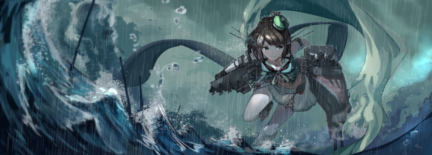 1girl breasts brown_hair cleavage female_focus fujita_(condor) highres japanese_clothes kantai_collection maya_(kancolle) maya_kai_ni_(kancolle) medium_breasts pleated_skirt rain rigging ship_turret skirt solo storm stormy_waters waves
