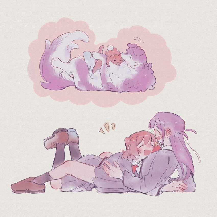 &gt;_&lt; 2girls :d ^_^ aijou_karen animalization black_socks blunt_ends blush bow bowtie brown_fur brown_hair brown_shoes closed_eyes collared_shirt commentary_request dog elbow_rest elbows_on_ground face-to-face facing_another from_side full_body grey_jacket grey_skirt happy highres hug jacket kneehighs leaning_back legs_up loafers long_hair long_sleeves lying lying_on_person miniskirt motion_lines multiple_girls notice_lines on_floor on_stomach open_mouth pleated_skirt purple_fur purple_hair red_bow red_bowtie rei931218 seishou_music_academy_uniform shirt shirt_tucked_in shoes short_hair shoujo_kageki_revue_starlight sidelocks simple_background sitting skirt smile socks speech_bubble swept_bangs teardrop thought_bubble tsuyuzaki_mahiru two-tone_fur two_side_up white_background white_fur white_shirt yuri