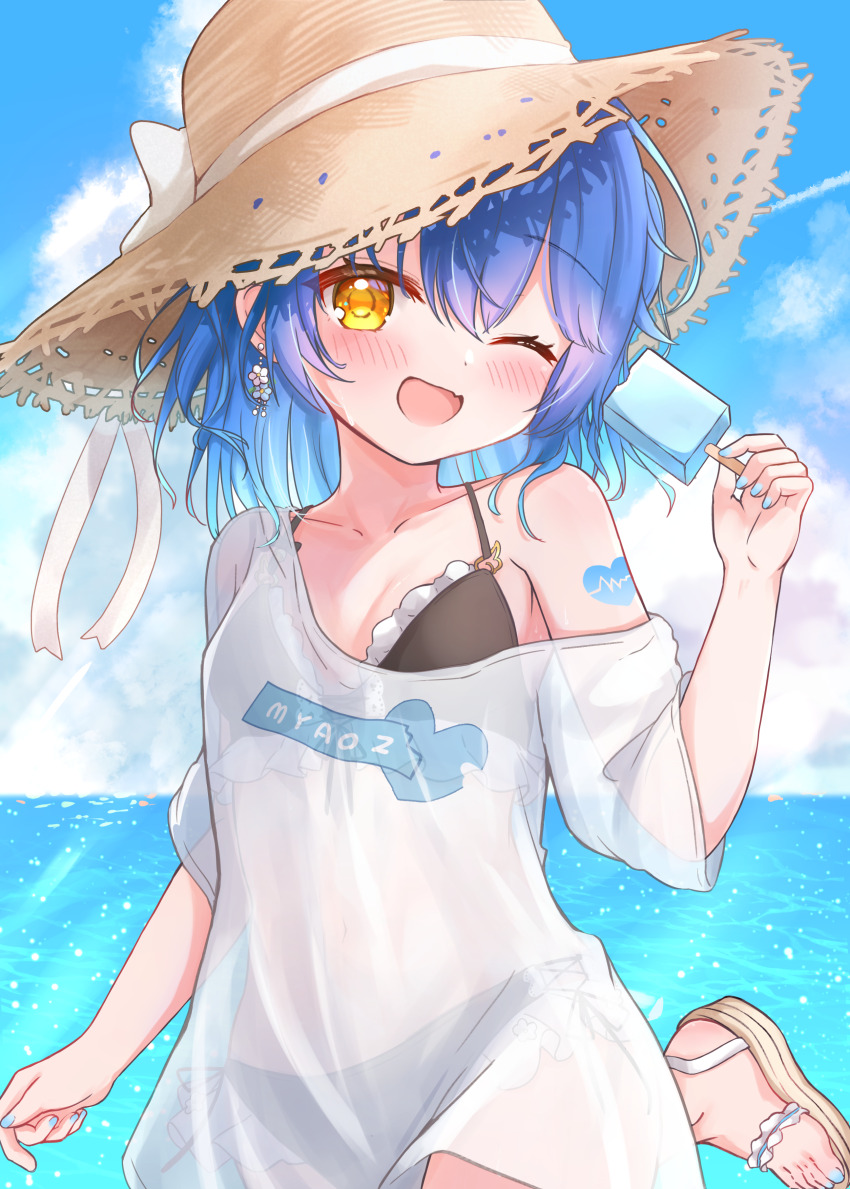 1girl absurdres amamiya_kokoro beach bikini black_bikini blue_hair blush breasts cloud collarbone day earrings fang food frilled_bikini frills front-tie_top hair_between_eyes happy hat highres holding holding_food holding_popsicle ice_cream jewelry looking_at_viewer matcha_november medium_hair navel nijisanji ocean off-shoulder_shirt off_shoulder one_eye_closed open_mouth popsicle see-through_clothes see-through_shirt shirt side-tie_bikini_bottom single_earring single_off_shoulder skin_fang solo standing standing_on_one_leg sun_hat swimsuit virtual_youtuber yellow_eyes