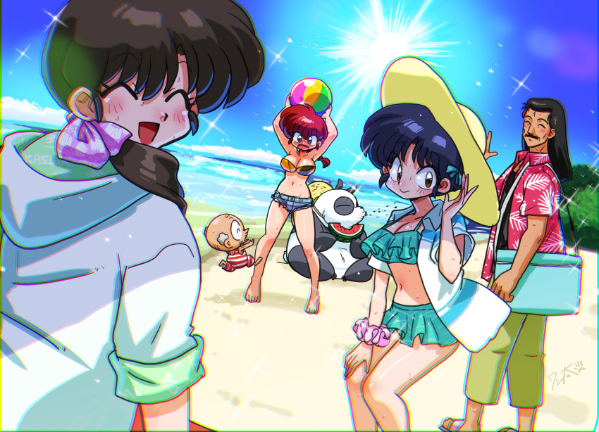 3boys 3girls animal ball beach beachball bikini blue_eyes braid chinese_clothes cutoffs denim father_and_daughter food fruit genderswap genderswap_(mtf) happosai highres holding holding_food holding_fruit holding_watermelon multicolored_bikini multiple_boys multiple_girls ocean panda pink_sandals ranma-chan ranma_1/2 red_hair sand sandals saotome_genma saotome_ranma siblings single_braid sisters sky swimsuit tangzhuang tendou_akane tendou_kasumi tendou_souun two-tone_bikini wanta_(futoshi) water watermelon