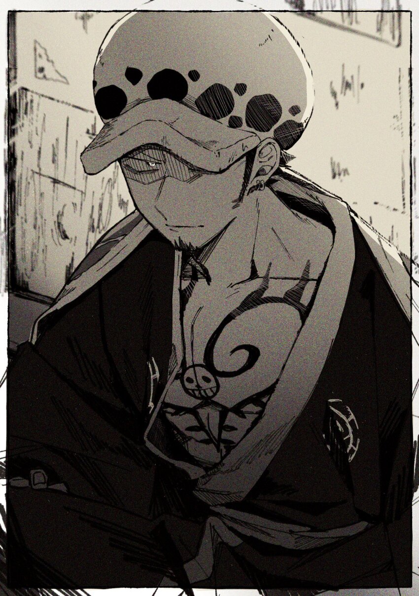 1boy bare_pectorals border chest_tattoo closed_mouth dekaidaikon facial_hair goatee greyscale hat heart_pirates_jolly_roger highres jolly_roger looking_to_the_side male_focus monochrome one_eye_covered one_piece open_clothes open_robe pectorals robe short_hair sideburns sideways_glance sitting solo tattoo trafalgar_law upper_body