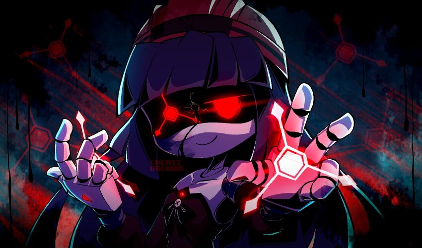 1girl blue_hair bullet_hole doll_(murder_drones) dress glitch_productions helmet highres long_hair murder_drones no_humans oil red_eyes robot_girl