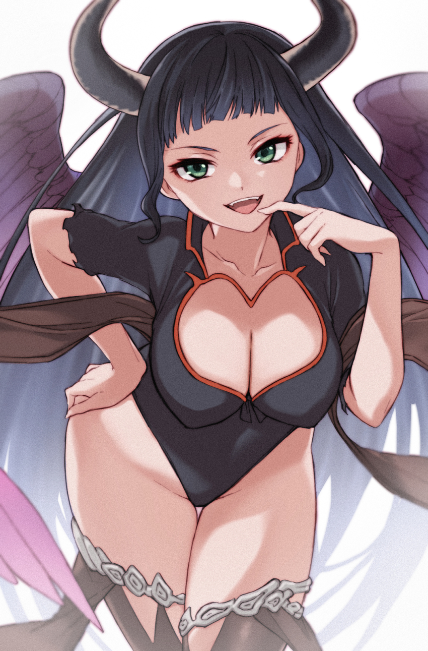 1girl :d black_hair black_leotard black_thighhighs black_wings breasts cleavage cleavage_cutout clothing_cutout collarbone commentary_request demon_horns ekra feathered_wings granblue_fantasy green_eyes hand_on_own_hip highleg highleg_leotard highres horns large_breasts leaning_forward leotard long_hair looking_at_viewer magus_(granblue_fantasy) open_mouth short_bangs smile solo thighhighs thighs white_background wings