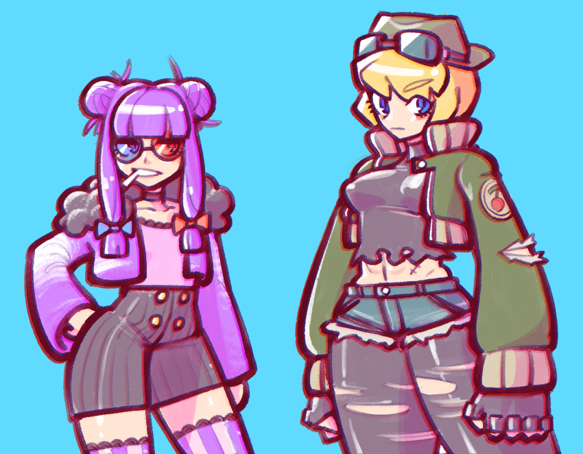 2girls alice_margatroid blonde_hair blue_background blue_bow blue_eyes blue_shorts blunt_bangs bow breasts buttons cigarette closed_mouth commentary_request contrapposto cookie_(touhou) cosplay cowboy_shot double_bun expressionless flat_chest goggles goggles_on_head gorillaz green_hat green_jacket grey_pantyhose grey_shirt grey_shorts grin hair_bow hair_bun hat heterochromatic_eyewear jacket looking_at_viewer medium_breasts multiple_girls navel noodle_(gorillaz) noodle_(gorillaz)_(cosplay) open_clothes open_jacket pantyhose patchouli_knowledge pink_shirt purple_eyes purple_hair purple_jacket red_bow russel_hobbs russel_hobbs_(cosplay) sakuranbou_(cookie) shirt short_hair shorts simple_background smile taisa_(cookie) tinted_eyewear torn_clothes torn_pantyhose touhou ukiwagirl