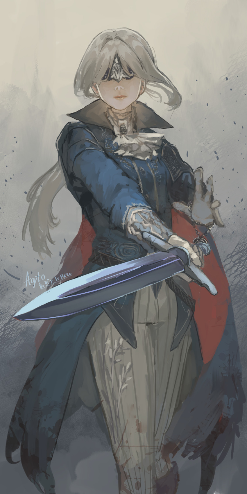 1girl absurdres agito_(agitoishere) artist_name ascot blue_coat coat dated duchess_(elden_ring) elden_ring elden_ring_nightreign facing_viewer gloves grey_hair high_collar highres holding holding_pocket_watch holding_sword holding_weapon long_hair long_sleeves pants pocket_watch solo standing sword watch weapon white_ascot white_gloves white_pants