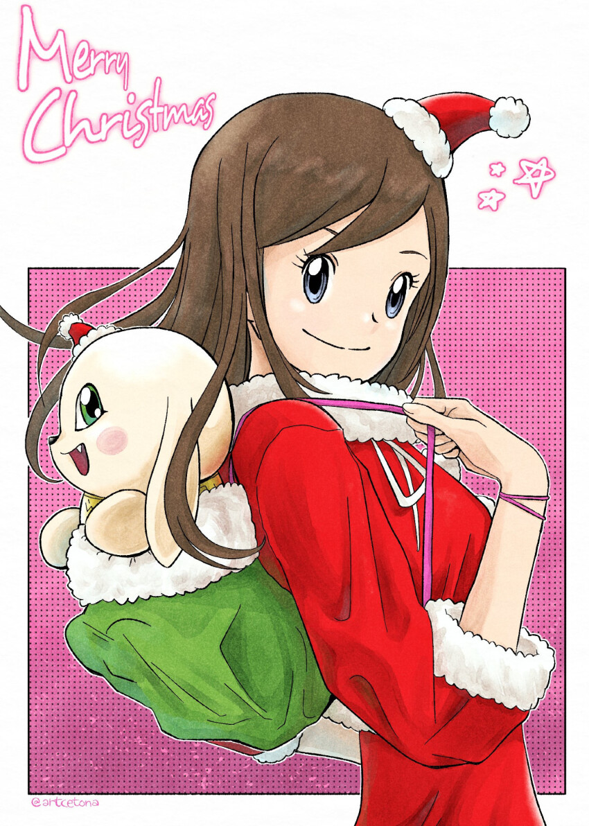 christmas digimon digimon_(creature) digimon_rearise fang highres looking_at_viewer plotmon shinjo_michi
