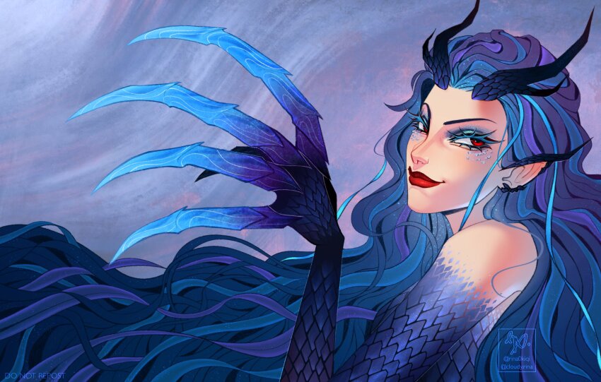 1girl absurdres ao_run_(nezha_zhi_motong_jiangshi) blue_hair blue_scales dragon_girl dragon_horns highres horns long_hair nezha_zhi_motong_jiangshi pointy_ears red_eyes rina0kiqi solo very_long_hair