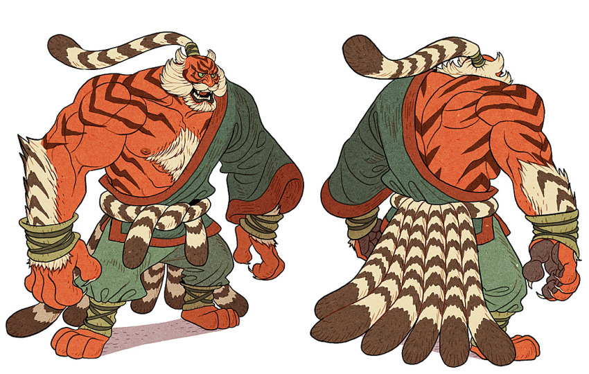 1boy afuchan back_muscles barefoot broad_shoulders chinese_clothes chinese_mythology claws facial_hair fangs mature_male muscular muscular_male open_mouth sash simple_background tiger tiger_boy tiger_stripes topknot white_hair